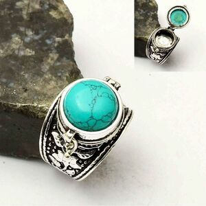 Round Cut Turquoise Gemstone Poison Locket Box Ring Boho Sterling Silver New
